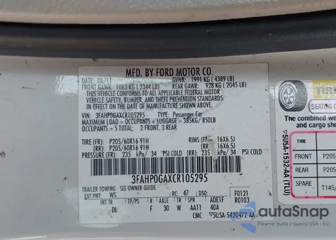 2012 Ford Fusion S из США, поврежденный, VIN 3FAHP0GAXCR105295